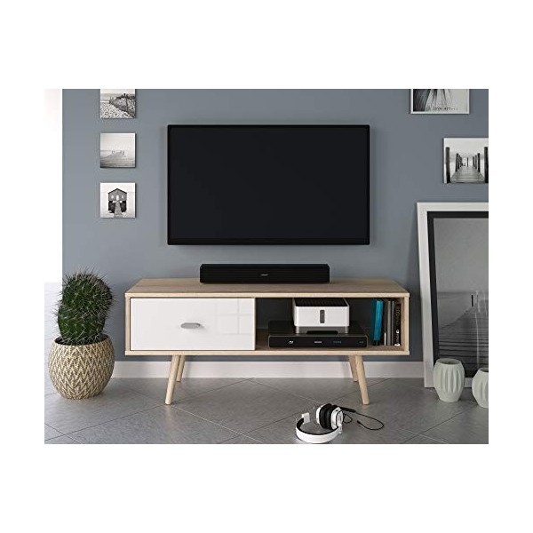 Berlioz Creations Oliven Meuble TV, Chêne cérusé et Blanc, 111 x 38 x 45 cm, Fabrication 100% Française