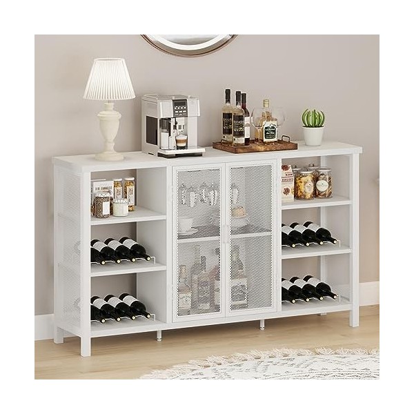 FATORRI Armoire de bar à vin industrielle pour boissons alcoolisées et verres, en bois et métal avec casier à vin amovible, b