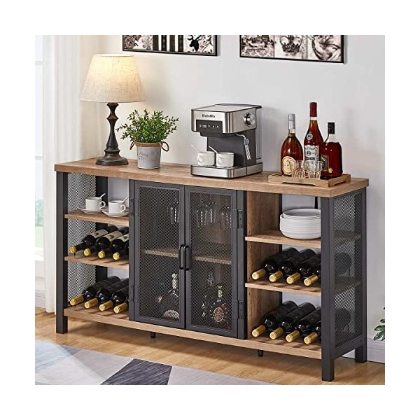 FATORRI Armoire de bar à vin industrielle pour boissons alcoolisées et verres, en bois et métal avec casier à vin amovible, b