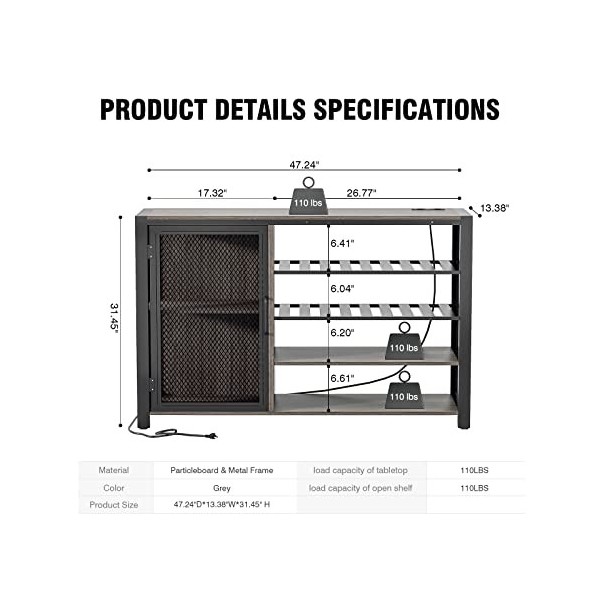 WASAGUN Armoire de bar à vin, armoire à café avec support en verre, armoire de buffet avec 1 porte en maille pour cuisine, sa