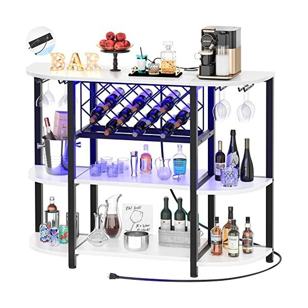 Unikito Étagère à vin avec prise et lumière LED, meuble de bar au sol pour liqueur et verres, meuble de bar à café en bois av