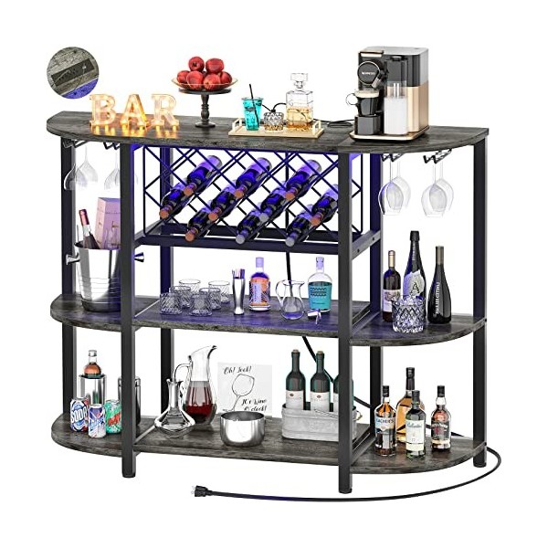 Unikito Étagère à vin avec prise et lumière LED, meuble de bar au sol pour liqueur et verres, meuble de bar à café en bois av
