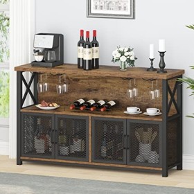 LVB Armoire de bar à café industrielle, armoire de bar à vin de ferme pour boissons alcoolisées et verres, buffet en bois mét
