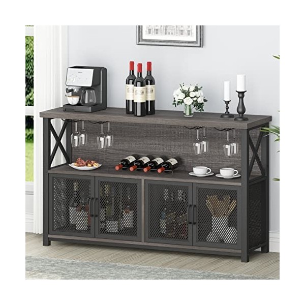 LVB Armoire de bar à café industrielle, armoire de bar à vin de ferme pour boissons alcoolisées et verres, buffet en bois mét