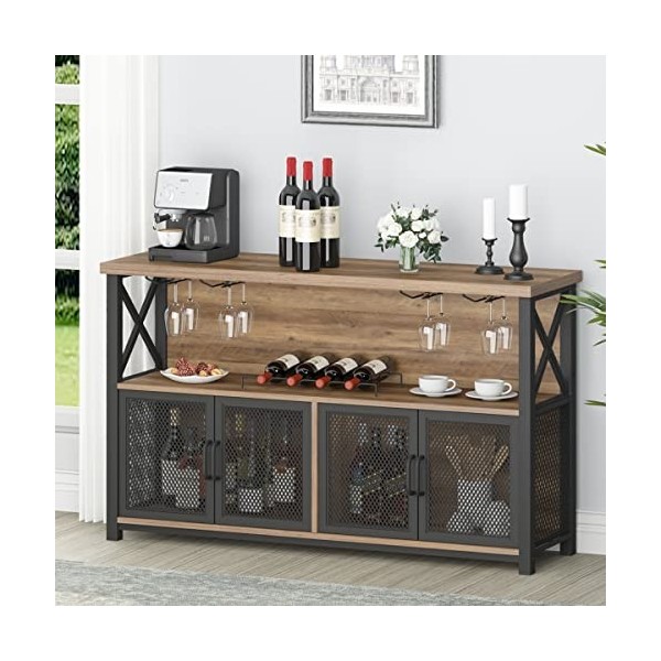 LVB Armoire de bar à café industrielle, armoire de bar à vin de ferme pour boissons alcoolisées et verres, buffet en bois mét