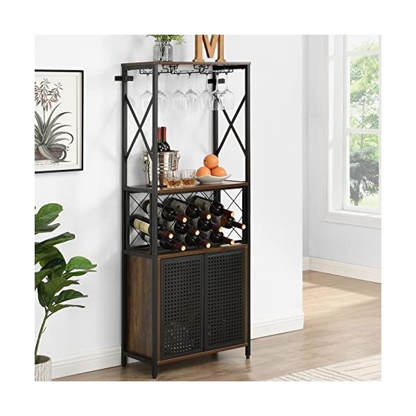 OIOG Meuble de bar à vin autonome avec support en verre et armoire de rangement, armoire multifonction pour cuisine et salle 