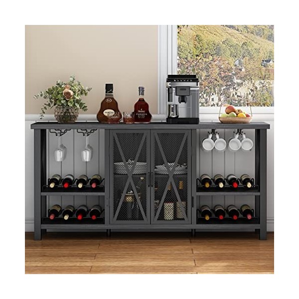 HOMYSHOPY Armoire de bar à vin avec support en verre, armoire à liqueur avec casier à vin amovible, buffet de buffet, table à