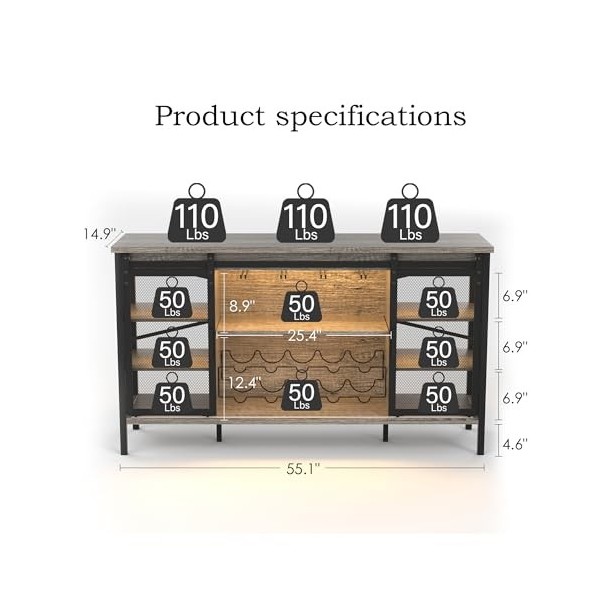 QNICE Armoire de bar industrielle à vin / Armoire à café à porte coulissante de 139,7 cm / Buffet de ferme avec casier à vin 