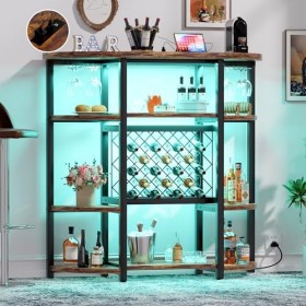 Unikito Casier à vin autonome avec sortie et deux lumières LED, armoire industrielle à 4 niveaux pour bar à vin avec étagère,