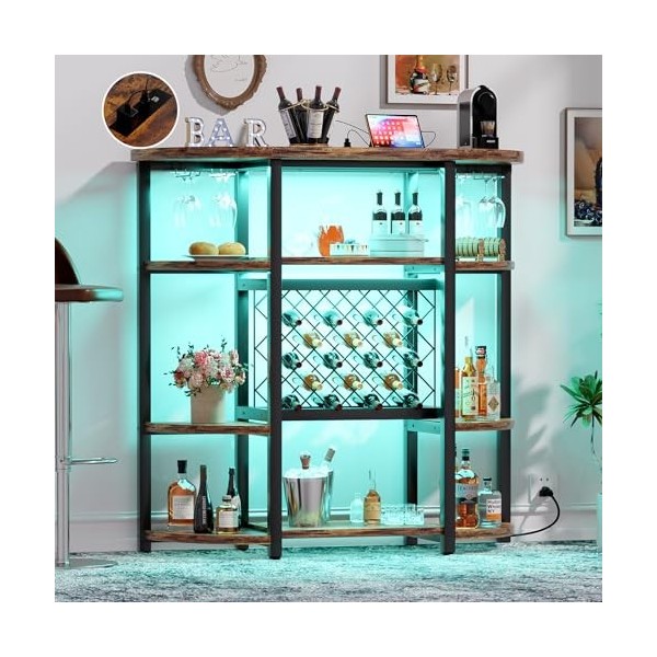Unikito Casier à vin autonome avec sortie et deux lumières LED, armoire industrielle à 4 niveaux pour bar à vin avec étagère,