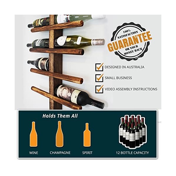 Casier à vin - 12 bouteilles - Support mural en bois massif - Cadeau pour les amateurs de vin - Rangement mural pour bouteill
