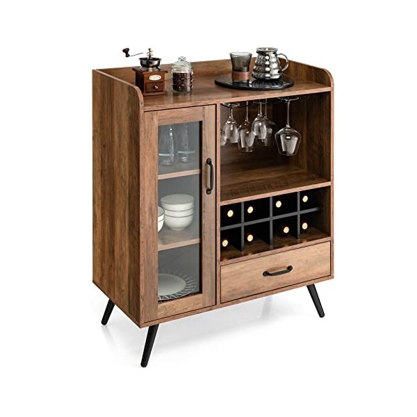 COSTWAY Cave à vin vintage avec casier à vin et supports en verre intégrés, armoire de bar en bois, buffet avec tiroir et por