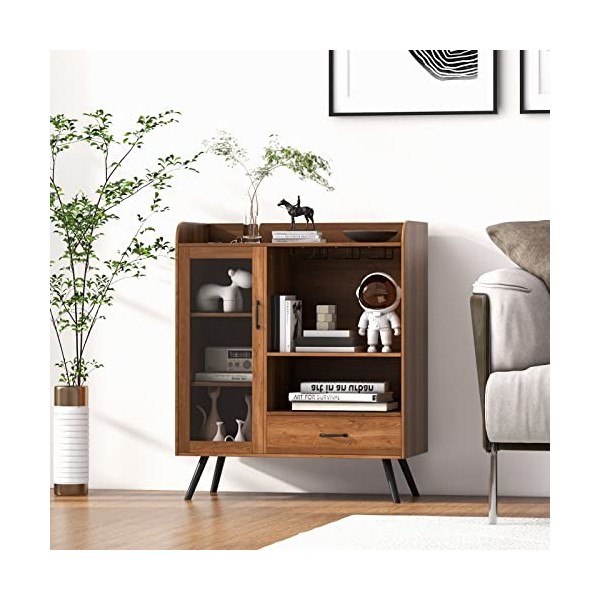 COSTWAY Cave à vin vintage avec casier à vin et supports en verre intégrés, armoire de bar en bois, buffet avec tiroir et por