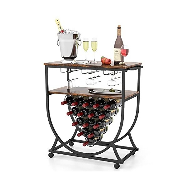 KOMFOTTEU Porte-bouteilles mobile pour 15 Bouteilles, Casier à Vin avec 2 Étagères de Stockage, et Porte-gobelet à Vin pour 9