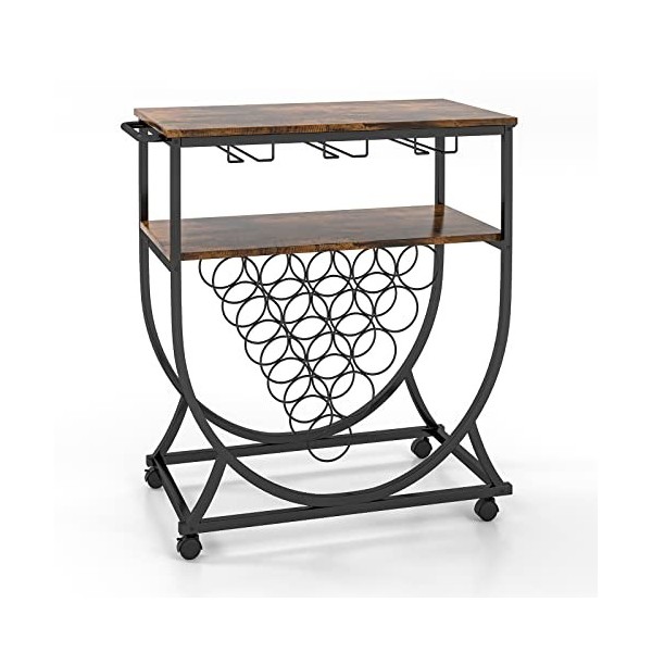 KOMFOTTEU Porte-bouteilles mobile pour 15 Bouteilles, Casier à Vin avec 2 Étagères de Stockage, et Porte-gobelet à Vin pour 9