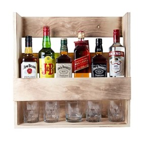 Étagère à whisky en bois rustique - Pour 5 à 6 bouteilles - Style industriel massif - Fabriqué en Allemagne - 52 x 52 x 14 cm