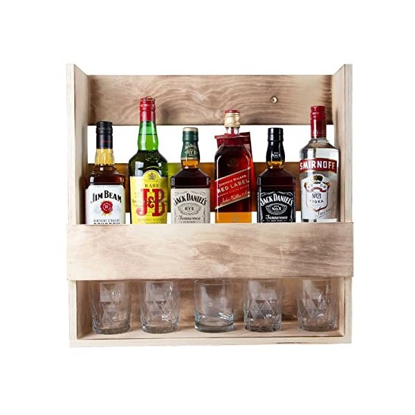 Étagère à whisky en bois rustique - Pour 5 à 6 bouteilles - Style industriel massif - Fabriqué en Allemagne - 52 x 52 x 14 cm