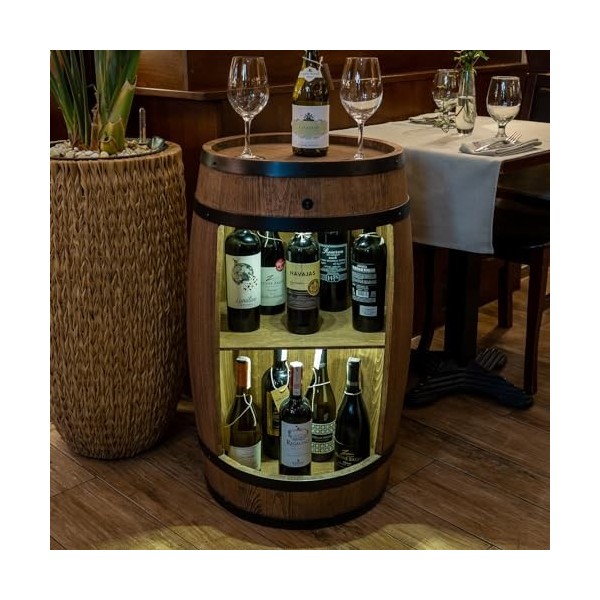 CREATIVE COOPER Baril de baril avec support à vin - Casier à vin LED - Tonneau en bois - Bar de maison - 80 x 50 cm - Décorat