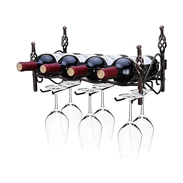ELzEy Casier à vin Mural détachable pour Quatre Bouteilles et Six Tasses, casier à vin en Fer forgé et Porte-gobelet à vin, c