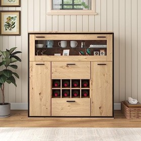 Sunny Living Meuble de Rangement, Buffet, Armoire à vin élégante avec Double Porte, étagère en Verre et Support à vin