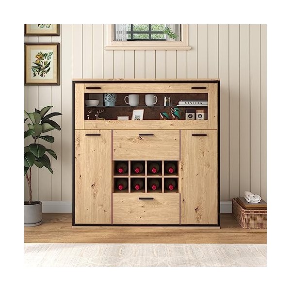 Sunny Living Meuble de Rangement, Buffet, Armoire à vin élégante avec Double Porte, étagère en Verre et Support à vin