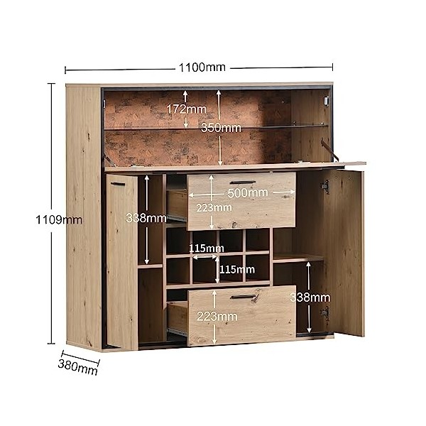 Sunny Living Meuble de Rangement, Buffet, Armoire à vin élégante avec Double Porte, étagère en Verre et Support à vin