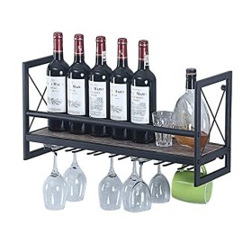 Umaxa Casier à vin mural, étagère à vin en métal et en bois avec porte-verre, gobelets à champagne, supports à verres à pied,