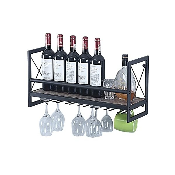 Umaxa Casier à vin mural, étagère à vin en métal et en bois avec porte-verre, gobelets à champagne, supports à verres à pied,
