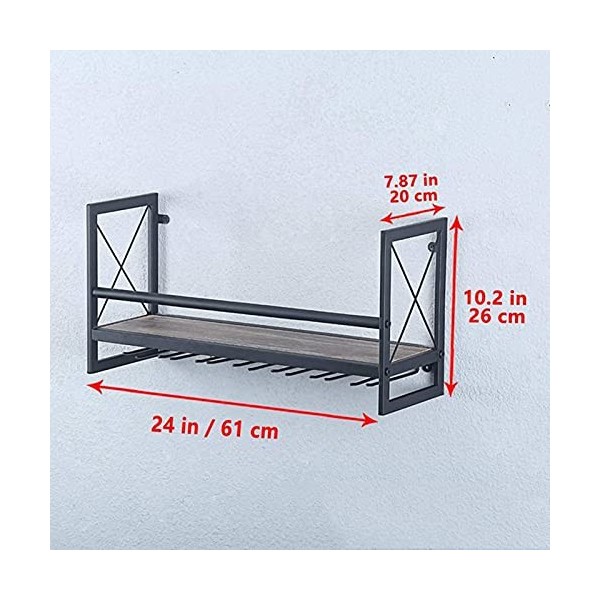 Umaxa Casier à vin mural, étagère à vin en métal et en bois avec porte-verre, gobelets à champagne, supports à verres à pied,