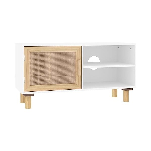 Meuble TV Blanc 80x30x40 cm Bois de pin massif et rotin naturel