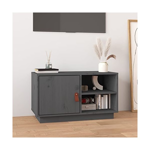 Lechnical Meuble TV pour meuble TV moderne, meuble TV salon, meuble TV gris 70 x 34 x 40 cm en bois massif de pin