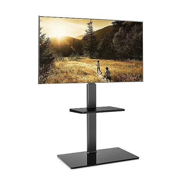 FITUEYES Support TV de 32 à 60 Pouces avec 2 étagères Support de Plancher pour télévision Plat incurvé Rotatif 70 degrés Haut