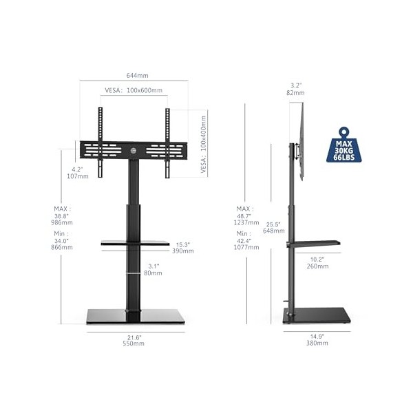 FITUEYES Support TV de 32 à 60 Pouces avec 2 étagères Support de Plancher pour télévision Plat incurvé Rotatif 70 degrés Haut