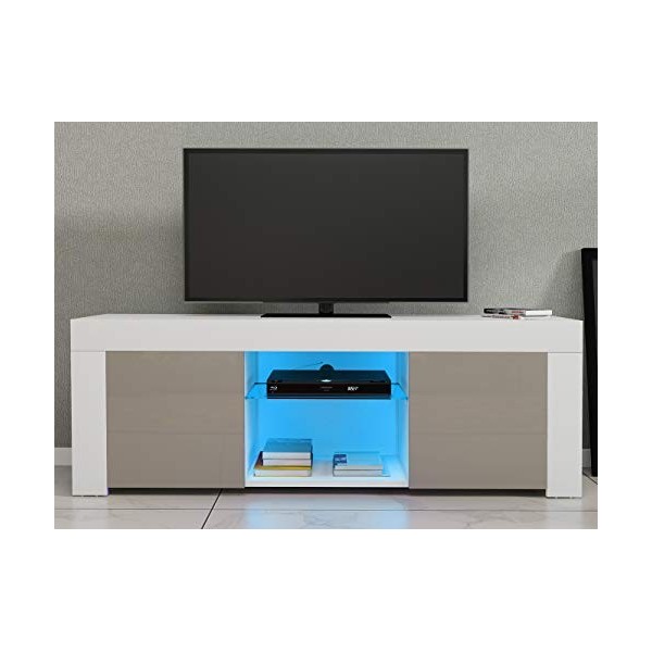 LED Meuble TV avec 2 Compartiments, 2 Portes en Verre + MDF sur Salle de Séjour, Salon et Chambre à Coucher etc, Taile: 120 x
