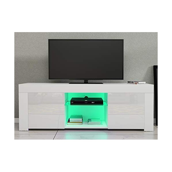 LED Meuble TV avec 2 Compartiments, 2 Portes en Verre + MDF sur Salle de Séjour, Salon et Chambre à Coucher etc, Taile: 120 x
