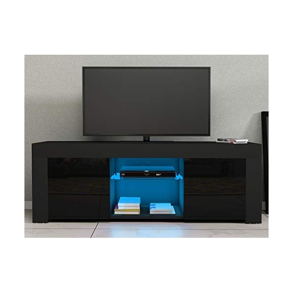 LED Meuble TV avec 2 Compartiments, 2 Portes en Verre + MDF sur Salle de Séjour, Salon et Chambre à Coucher etc, Taile: 120 x