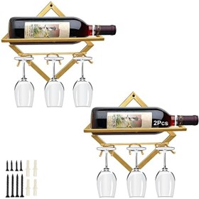 Meiiron 2pcs casier à vin Industriel Vintage fixé au Mur avec Support à Verres à vin, Conception Pliable, Peut contenir 3 Tas