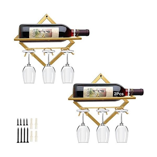 Meiiron 2pcs casier à vin Industriel Vintage fixé au Mur avec Support à Verres à vin, Conception Pliable, Peut contenir 3 Tas