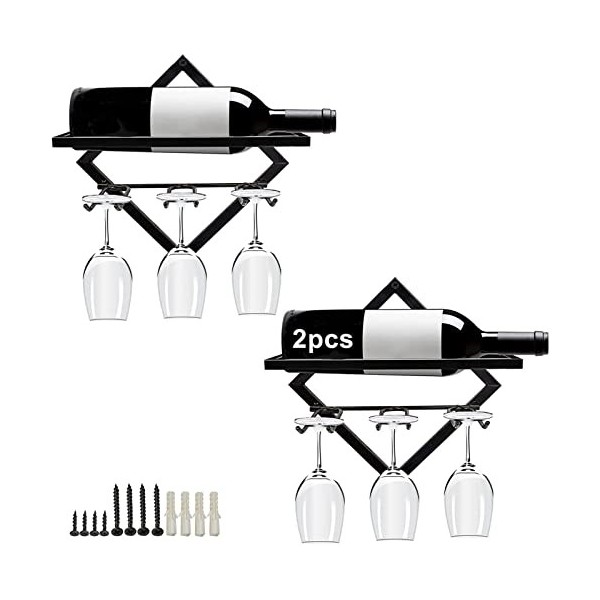Meiiron 2pcs casier à vin Industriel Vintage fixé au Mur avec Support à Verres à vin, Conception Pliable, Peut contenir 3 Tas