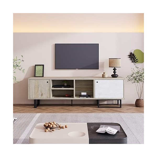 Yiiannda 2 portes, 2 compartiments, un compartiment ouvert, meuble TV, panneau TV, design unique, porte à lattes en bois. Une