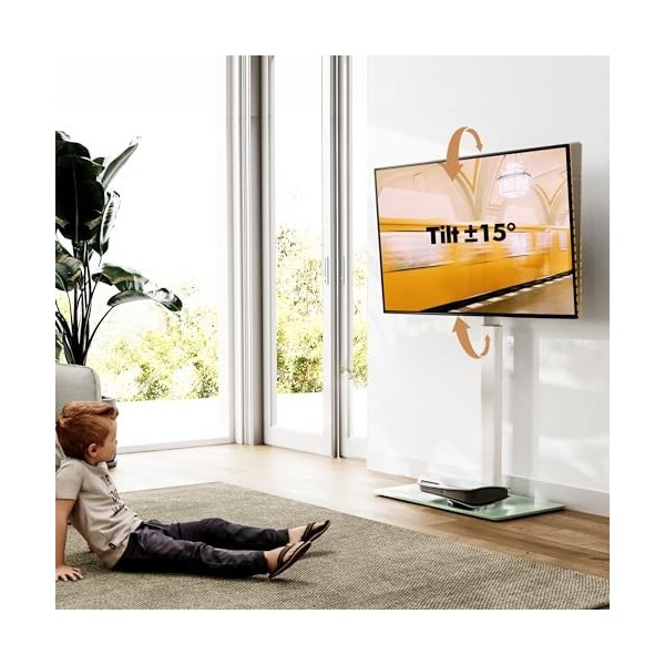 FITUEYES Support TV Pied avec Piédestal en Verre Trempé Pied TV Pivotant pour Téléviseur de 19-43 Pouce Ecran LED LCD Plasma 