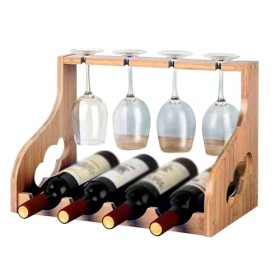 MObyat Casier à vin Support à Verres à vin en Bois, Support à vin pour 4 Bouteilles de vin et 4 gobelets, Support à vin sur P