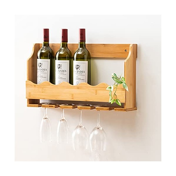 ANSNOW Casier À Vin Mural Avec Présentoir, Casier À Vin Suspendu En Bambou À 2Ux Pour 5 Bouteilles de Vin Et 5 Verres Pour La