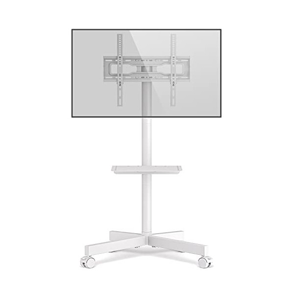 RFIVER Blanc Pied TV, Support TV Mobile sur roulettes pour Télévision Plasma/LCD/LED/OLED de 27-60 Pouces, Chariot TV Réglabl