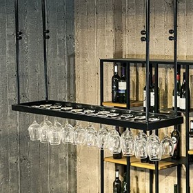 TZUFA Casier à vin Suspendu en métal, casier à Bouteilles de Plafond, présentoir à vin avec étagère de Rangement pour Verres 