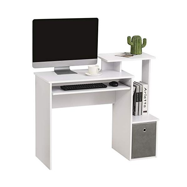 HOMCOM Bureau Informatique multimédia étagères Tablette Clavier Panier Gris Panneaux Particules Blanc