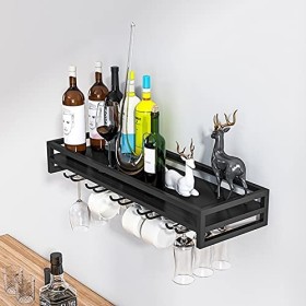 Casier à vin Mural élégant : Solution de Rangement élégante pour Le vin et Les Verres dans Le Bar ou la Cuisine - Noir, 80 x 