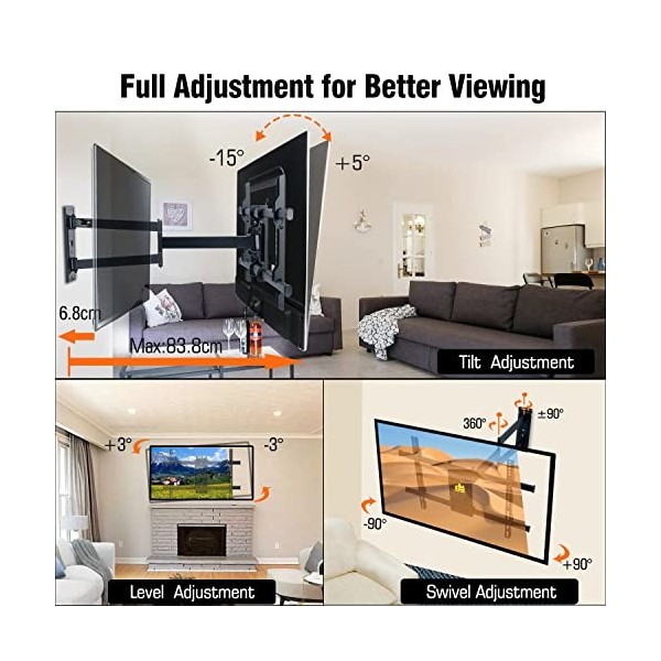 FORGING MOUNT Support mural dangle TV à longue portée pour téléviseurs de 32 à 70", extension lisse de 84 cm, pivotant, incl