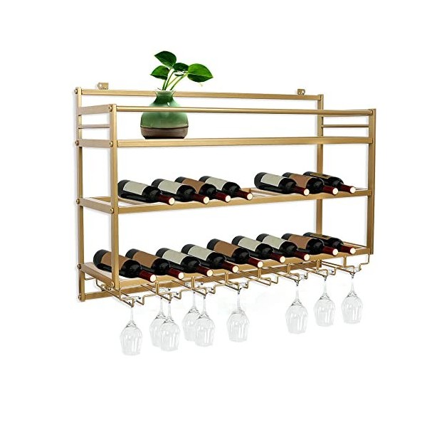 ANSNOW Étagère À Vin Murale À 3Ux Avec Crochet Pour 8 Verres, Étagère À Vin Industrielle En Métal Pour Bar de Cuisine, Restau