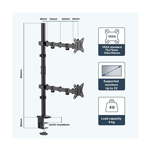 WORLDLIFT Bras de Moniteur Vertical Haut/Bas 2 écrans Double Poteau Long Horizontal Mobile Type Pince 32" Capacité de Charge 